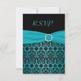 PRINTED RIBBON Aqua, Black Damask Reply Kaart