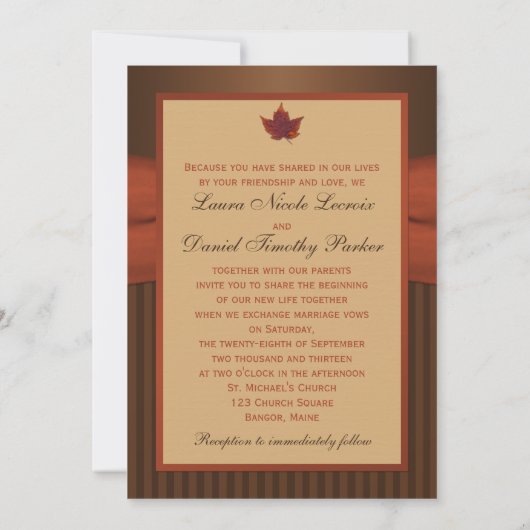 PRINTED RIBBON Autumn Leaf Stripes Wedding Invite Kaart (Achterkant)