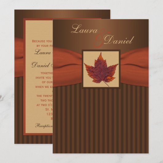 PRINTED RIBBON Autumn Leaf Stripes Wedding Invite Kaart (Voorkant / Achterkant)