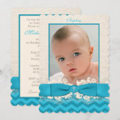 PRINTED RIBBON Baptism Photo Invite - Blue Chevron Kaart (Voorkant / Achterkant)