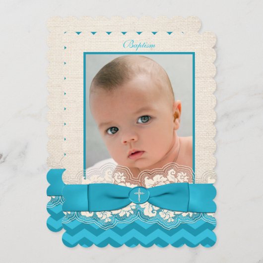 PRINTED RIBBON Baptism Photo Invite - Blue Chevron Kaart (Voorkant / Achterkant)