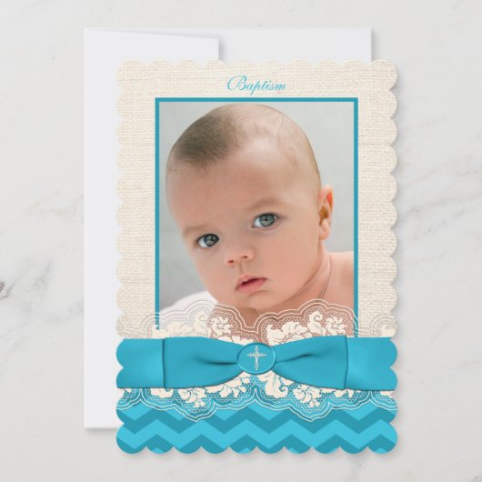 PRINTED RIBBON Baptism Photo Invite - Blue Chevron Kaart (Voorkant)