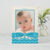 PRINTED RIBBON Baptism Photo Invite - Blue Chevron Kaart (Staand voorkant)