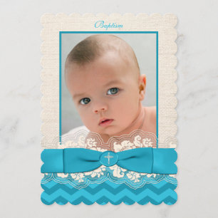 PRINTED RIBBON Baptism Photo Invite - Blue Chevron Kaart