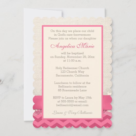 PRINTED RIBBON Baptism Photo Invite - Pink Chevron Kaart (Achterkant)