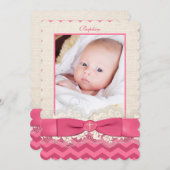 PRINTED RIBBON Baptism Photo Invite - Pink Chevron Kaart (Voorkant / Achterkant)