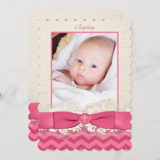 PRINTED RIBBON Baptism Photo Invite - Pink Chevron Kaart (Voorkant / Achterkant)
