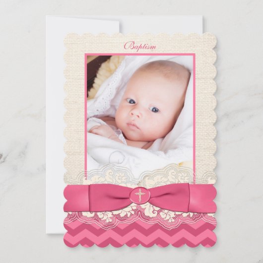 PRINTED RIBBON Baptism Photo Invite - Pink Chevron Kaart (Voorkant)