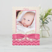 PRINTED RIBBON Baptism Photo Invite - Pink Chevron Kaart (Staand voorkant)