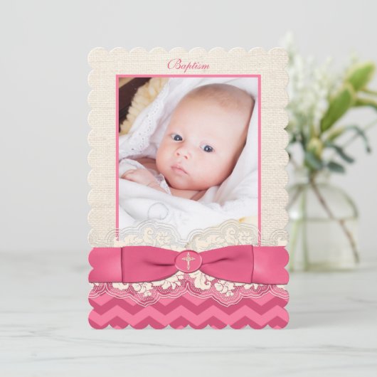PRINTED RIBBON Baptism Photo Invite - Pink Chevron Kaart (Staand voorkant)