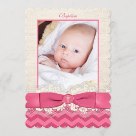 PRINTED RIBBON Baptism Photo Invite - Pink Chevron Kaart