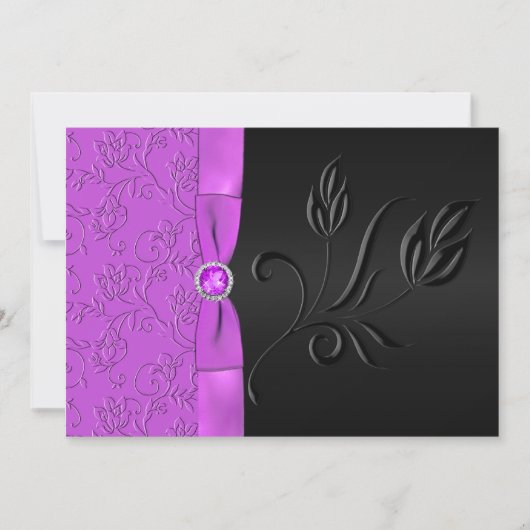 PRINTED RIBBON Black, Paarse Floral Wedding Invite Kaart (Voorkant)