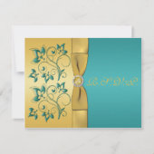 PRINTED RIBBON Blauwgroen, Gold Floral Reply Card RSVP Kaartje (Voorkant)
