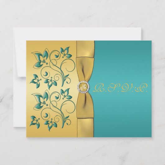 PRINTED RIBBON Blauwgroen, Gold Floral Reply Card RSVP Kaartje (Voorkant)