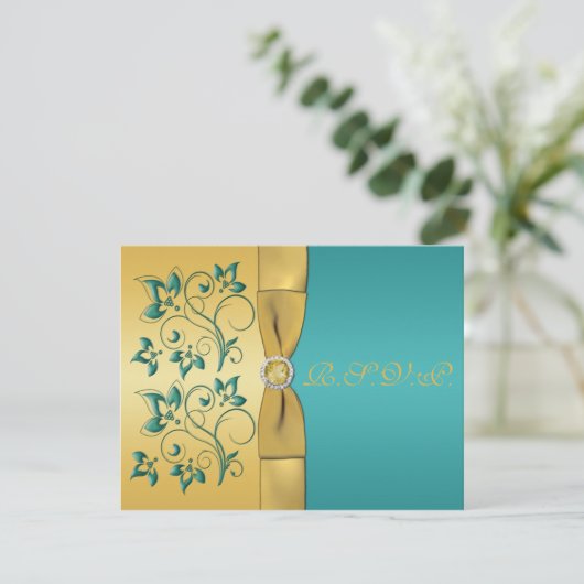 PRINTED RIBBON Blauwgroen, Gold Floral Reply Card RSVP Kaartje (Staand voorkant)