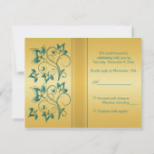PRINTED RIBBON Blauwgroen, Gold Floral Reply Card RSVP Kaartje (Achterkant)
