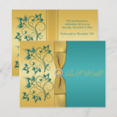 PRINTED RIBBON Blauwgroen, Gold Floral Reply Card RSVP Kaartje (Voorkant / Achterkant)
