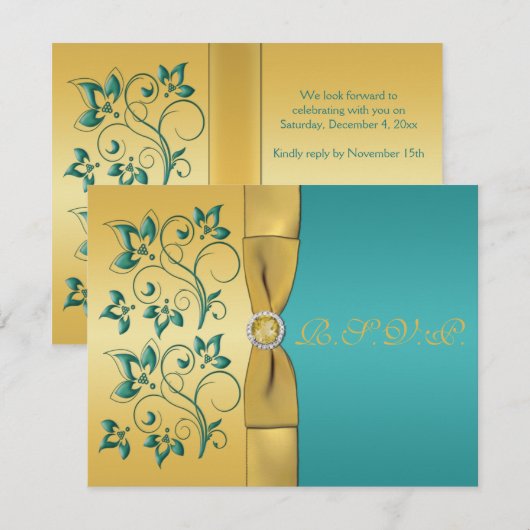 PRINTED RIBBON Blauwgroen, Gold Floral Reply Card RSVP Kaartje (Voorkant / Achterkant)
