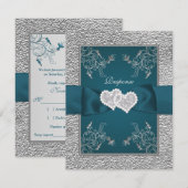 PRINTED RIBBON Blauwgroen, grijs-Joined Hearts RSV RSVP Kaartje (Voorkant / Achterkant)
