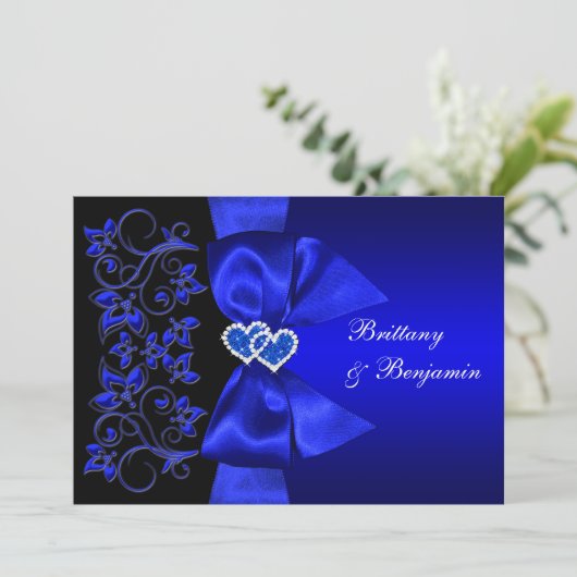 PRINTED RIBBON Blue, Black Floral Wedding Invite Kaart (Staand voorkant)