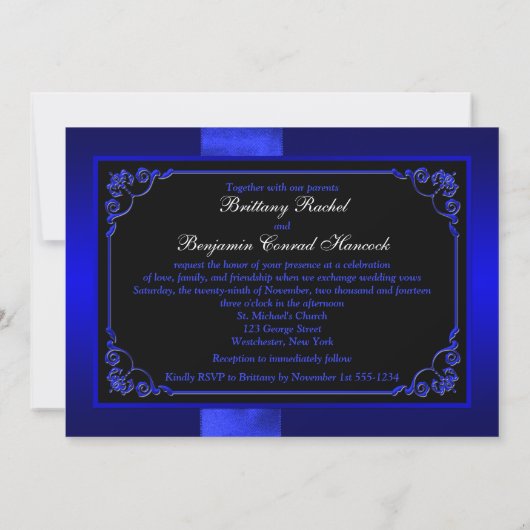 PRINTED RIBBON Blue, Black Floral Wedding Invite Kaart (Achterkant)