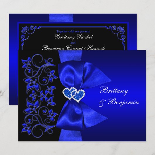 PRINTED RIBBON Blue, Black Floral Wedding Invite Kaart (Voorkant / Achterkant)