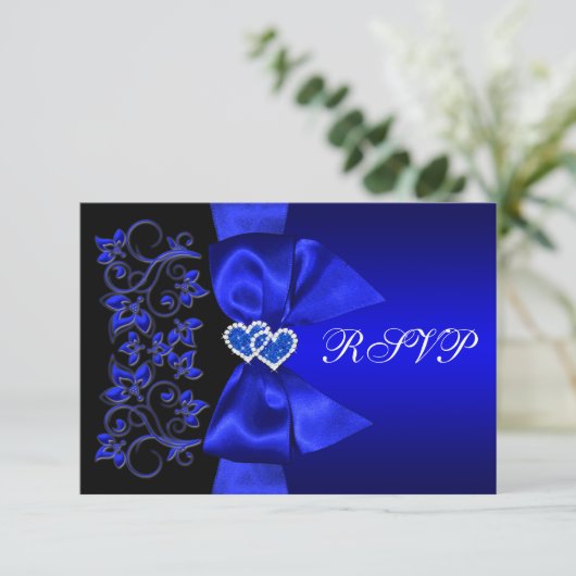 PRINTED RIBBON Blue, Black Floral Wedding RSVP (Staand voorkant)