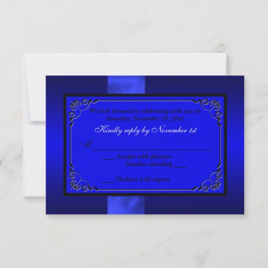 PRINTED RIBBON Blue, Black Floral Wedding RSVP (Achterkant)
