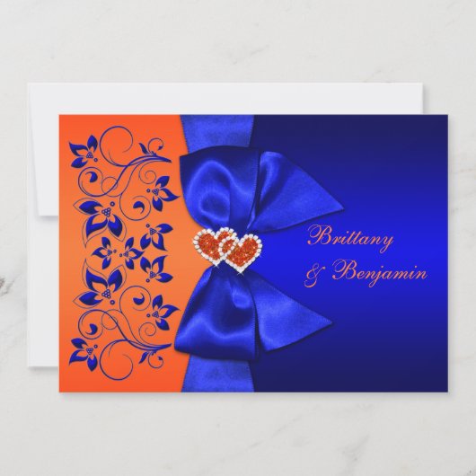 PRINTED RIBBON Blue, Oranje Floral Wedding Invite Kaart (Voorkant)
