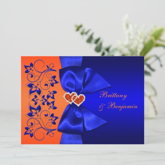 PRINTED RIBBON Blue, Oranje Floral Wedding Invite Kaart (Staand voorkant)