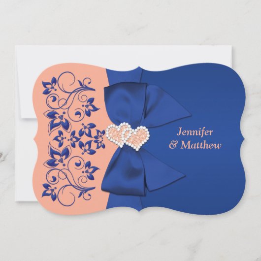 PRINTED RIBBON Blue, Peach Floral Wedding Invite Kaart (Voorkant)