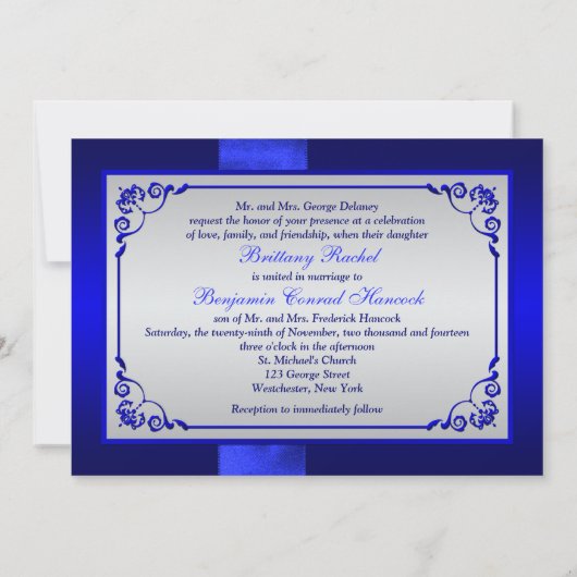 PRINTED RIBBON Blue, Silver Floral Wedding Invite Kaart (Achterkant)