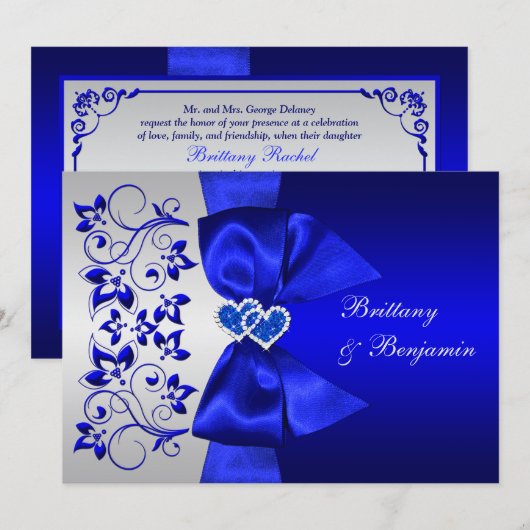 PRINTED RIBBON Blue, Silver Floral Wedding Invite Kaart (Voorkant / Achterkant)