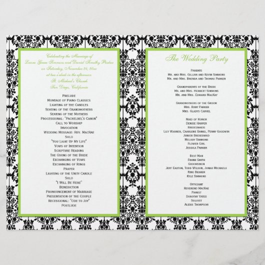 PRINTED RIBBON Chartreuse, Black Wedding Program (Achterkant)