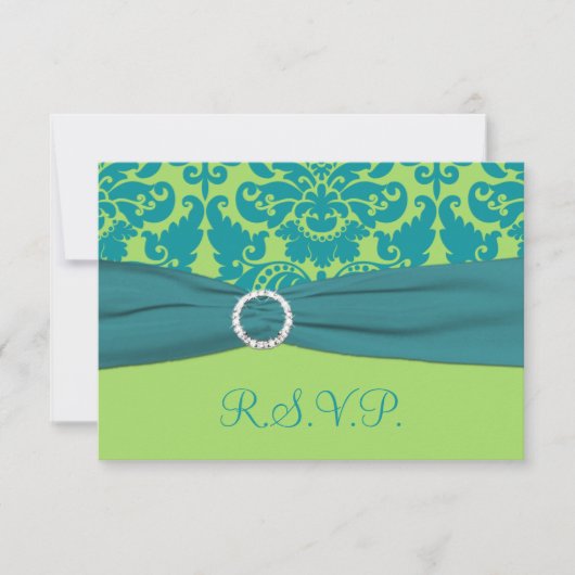 PRINTED RIBBON Green, Turquoise Damask Reply Card RSVP Kaartje (Voorkant)