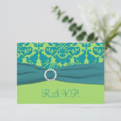 PRINTED RIBBON Green, Turquoise Damask Reply Card RSVP Kaartje (Staand voorkant)