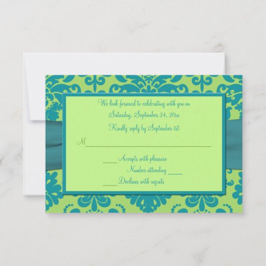 PRINTED RIBBON Green, Turquoise Damask Reply Card RSVP Kaartje (Achterkant)