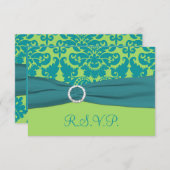 PRINTED RIBBON Green, Turquoise Damask Reply Card RSVP Kaartje (Voorkant / Achterkant)