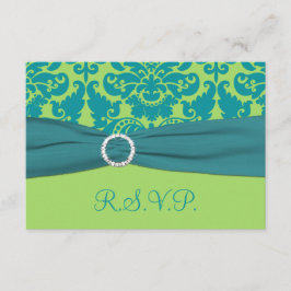 PRINTED RIBBON Green, Turquoise Damask Reply Card RSVP Kaartje
