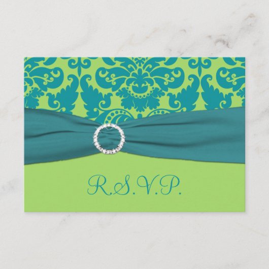 PRINTED RIBBON Green, Turquoise Damask Reply Card RSVP Kaartje (Voorkant)