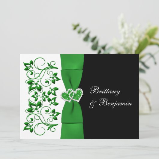 PRINTED RIBBON Green, White, Black Wedding Invite Kaart (Staand voorkant)