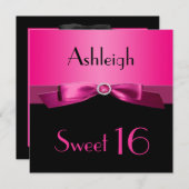 PRINTED RIBBON Hot Pink, Black Sweet 16 Invite Kaart (Voorkant / Achterkant)