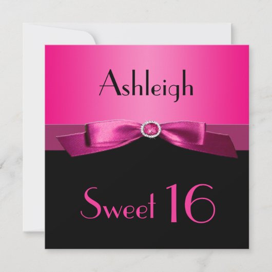 PRINTED RIBBON Hot Pink, Black Sweet 16 Invite Kaart (Voorkant)