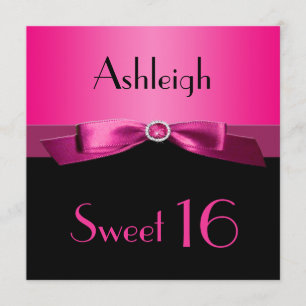 PRINTED RIBBON Hot Pink, Black Sweet 16 Invite Kaart