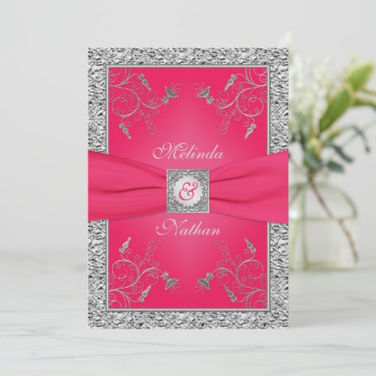 PRINTED RIBBON Hot Pink, Silver Wedding Invitation Kaart (Staand voorkant)