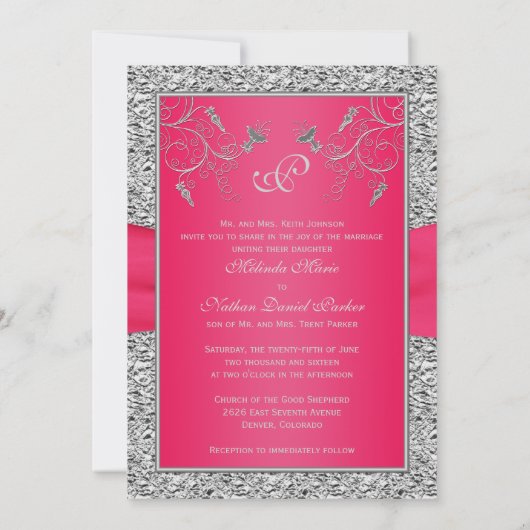 PRINTED RIBBON Hot Pink, Silver Wedding Invitation Kaart (Achterkant)