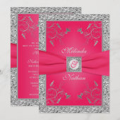 PRINTED RIBBON Hot Pink, Silver Wedding Invitation Kaart (Voorkant / Achterkant)