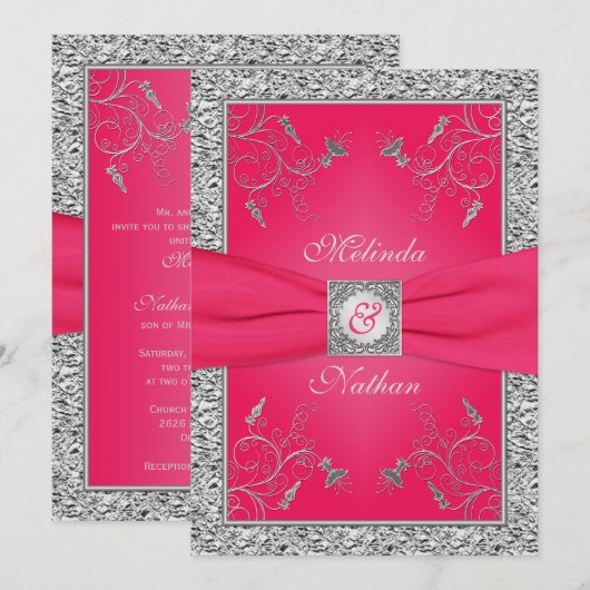 PRINTED RIBBON Hot Pink, Silver Wedding Invitation Kaart (Voorkant / Achterkant)
