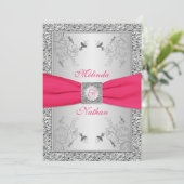 PRINTED RIBBON Hot Pink, Silver Wedding Invite 2 Kaart (Staand voorkant)