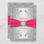 PRINTED RIBBON Hot Pink, Silver Wedding Invite 2 Kaart (Voorkant / Achterkant)